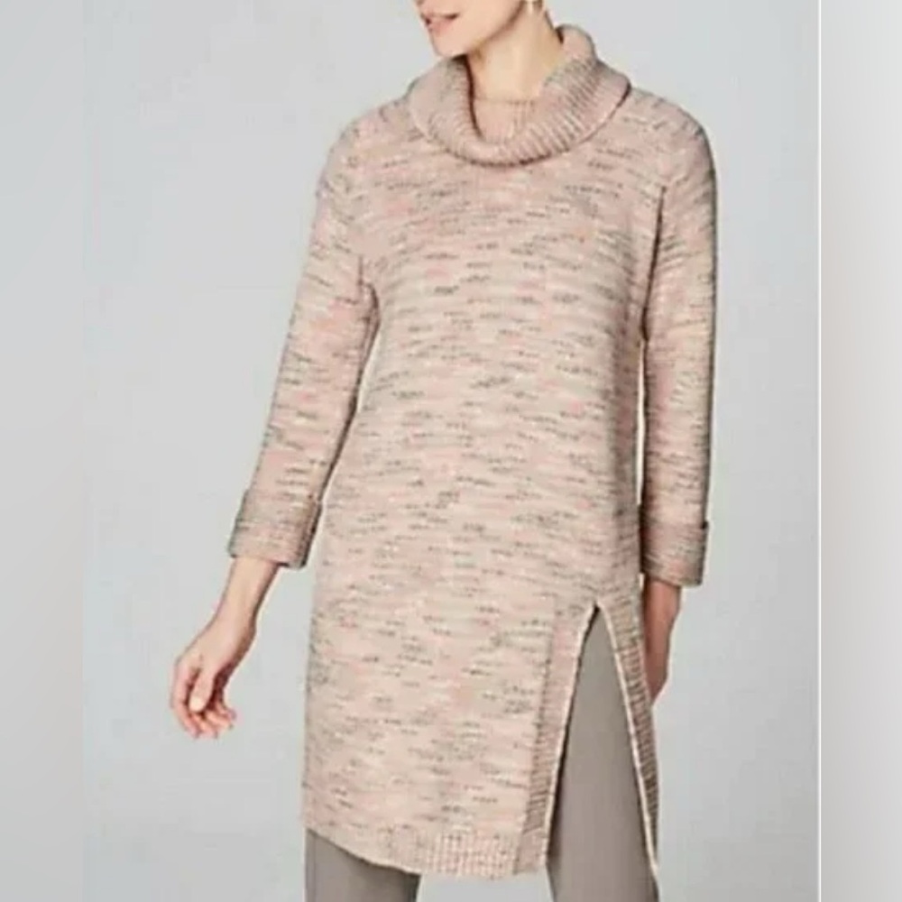 Pure Jill Elegant Cowl Neck Sweater Dress Slit Peach Green Ivory 3/4 Sleeve